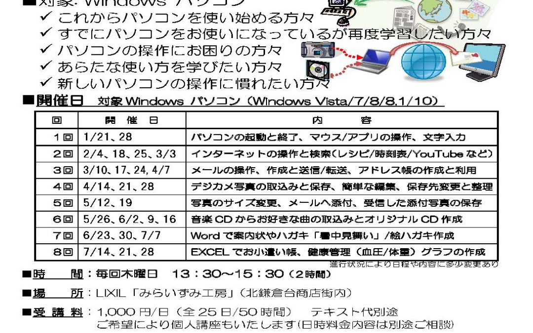 【終了】パソコン教室　「ゆっくり進めるパソコン操作」のご案内
